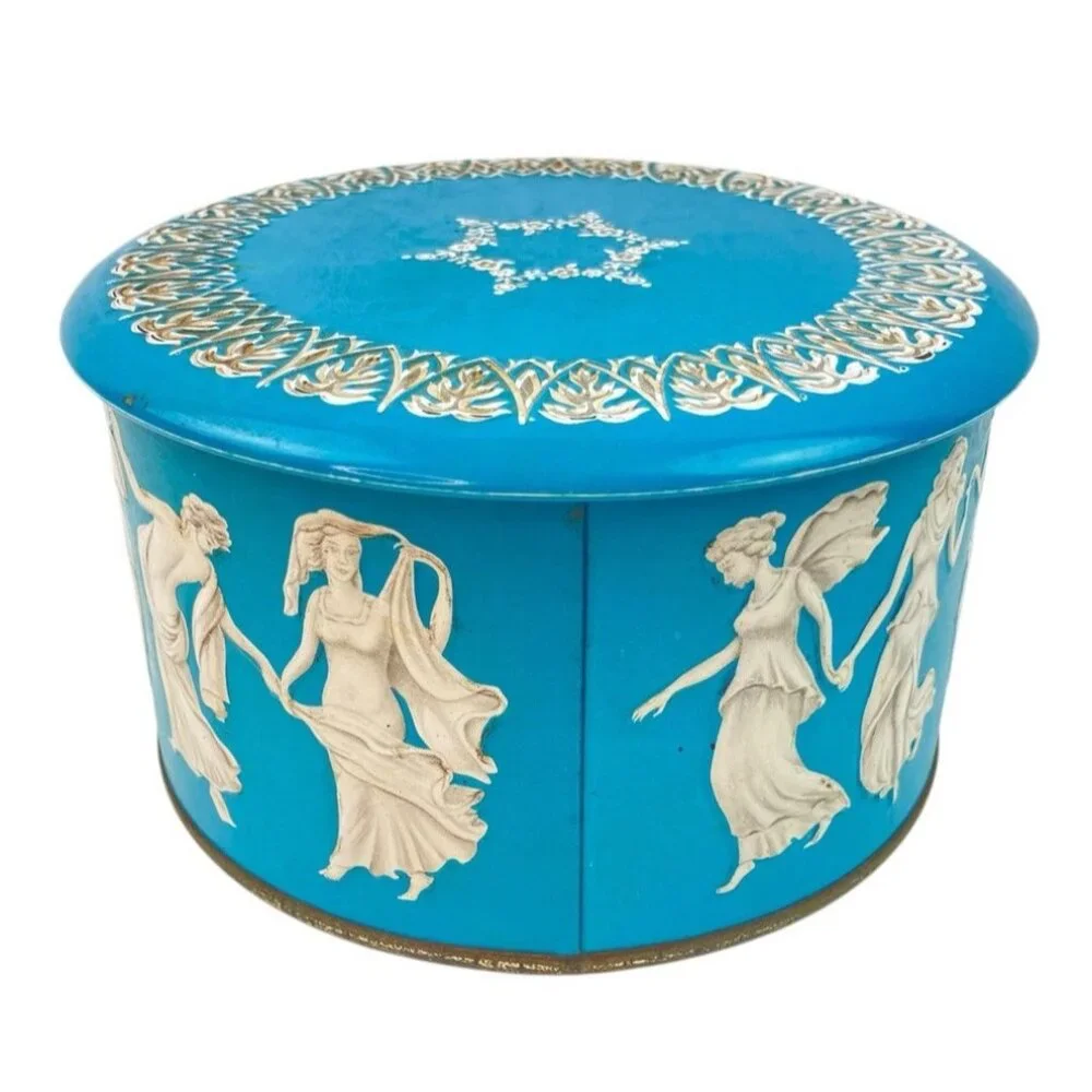 Vintage Metal Decorative Tin Container England Heavenly Angels Blue Angelic